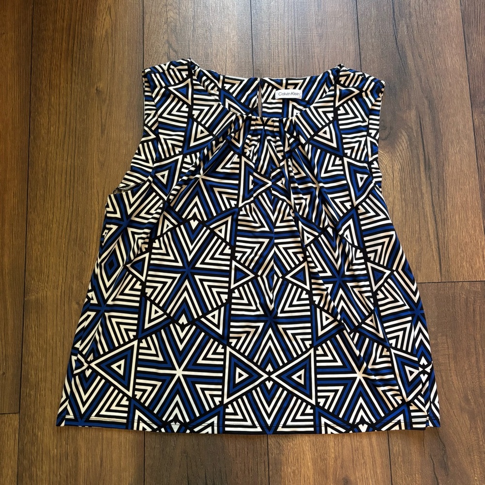 Calvin Klein Blue and White Geometric Sleeveless Blouse